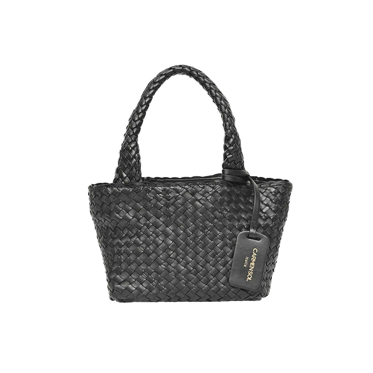 Black metallic small tote bag from mini Carmen Sol made in Italy. Best small leather bag.