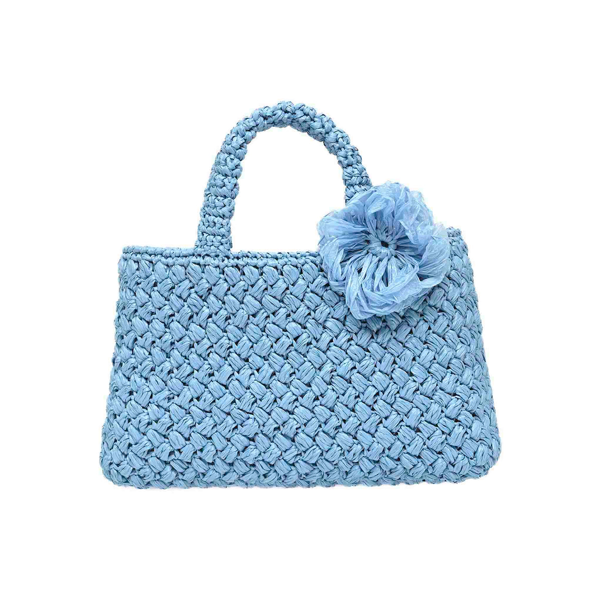 Baby Blue Hand-woven Positano Raffia Small Bag, this raffia small bag brings a touch of coastal elegance to your beach look and is a shopping lover&#39;s dream from Carmen Sol.
