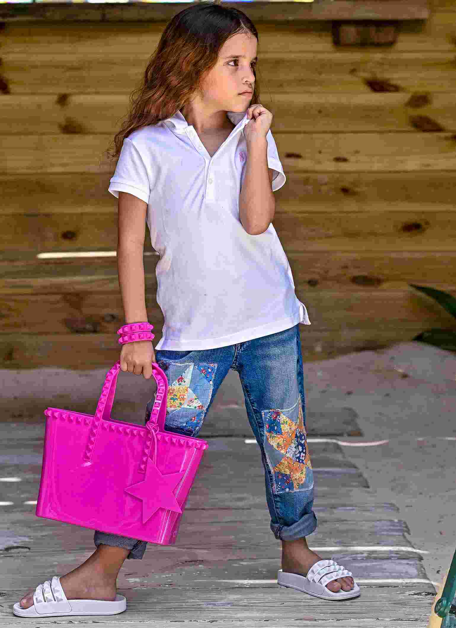 Perfect mini tote bags for kids from minicarmensol. Fuschia outfit gorgeous look for your lovely kids Miriam Micro Mini Tote, Franco kids summer jelly shoes, jelly kids bracelet