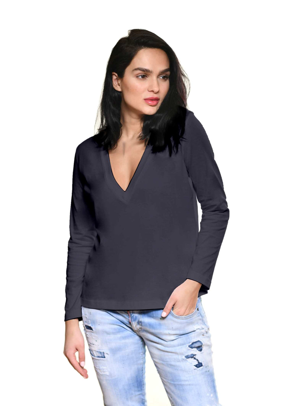 Carmen Sol long sleeve tee womens with v neck in color mid night blue