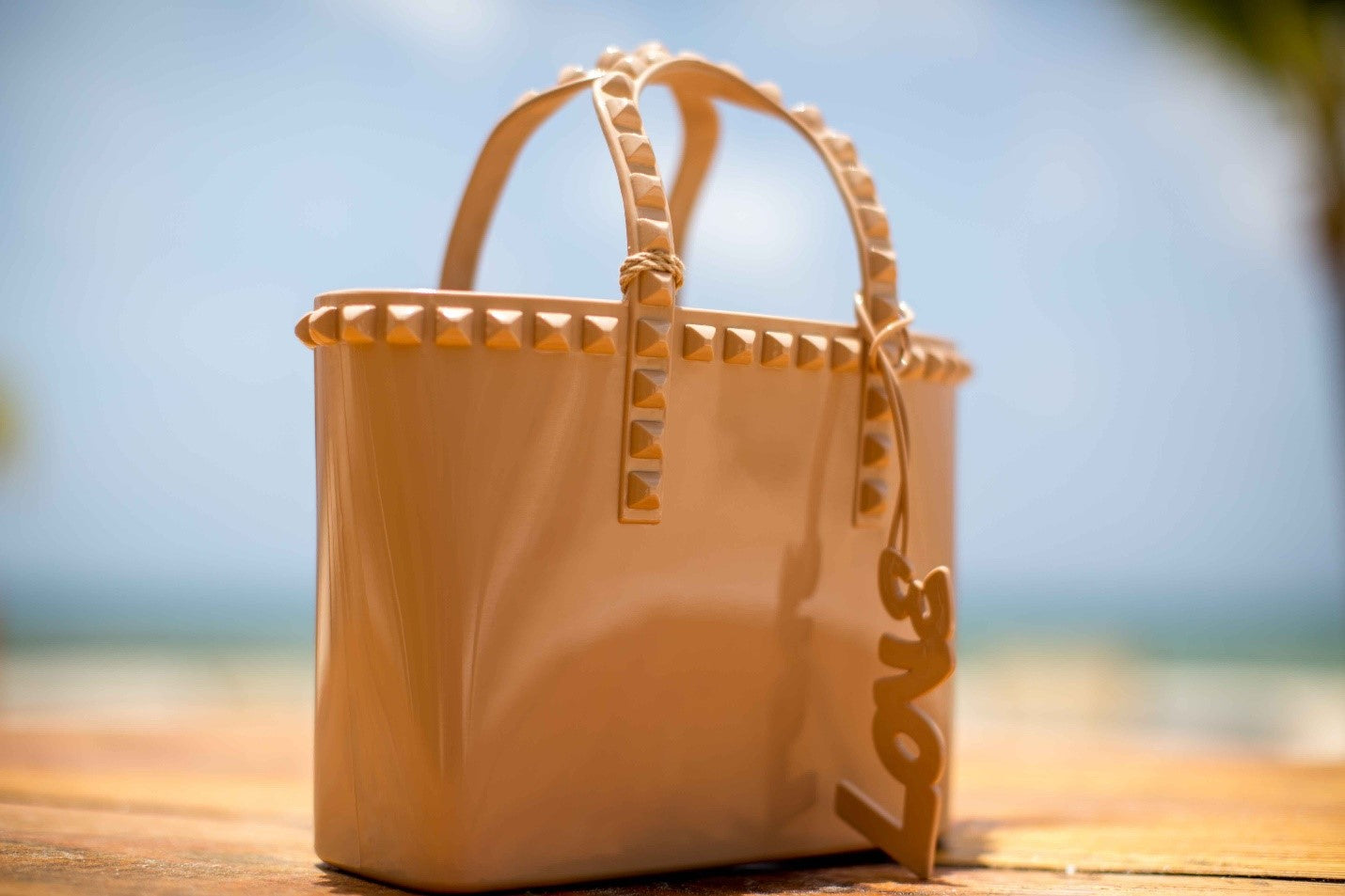 Carmen Sol mini studded beach bags for women and kids in color nude