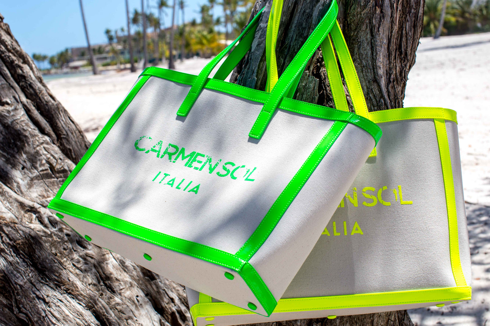 Carmen Sol canvas beach bags for women in color neon green and yellow