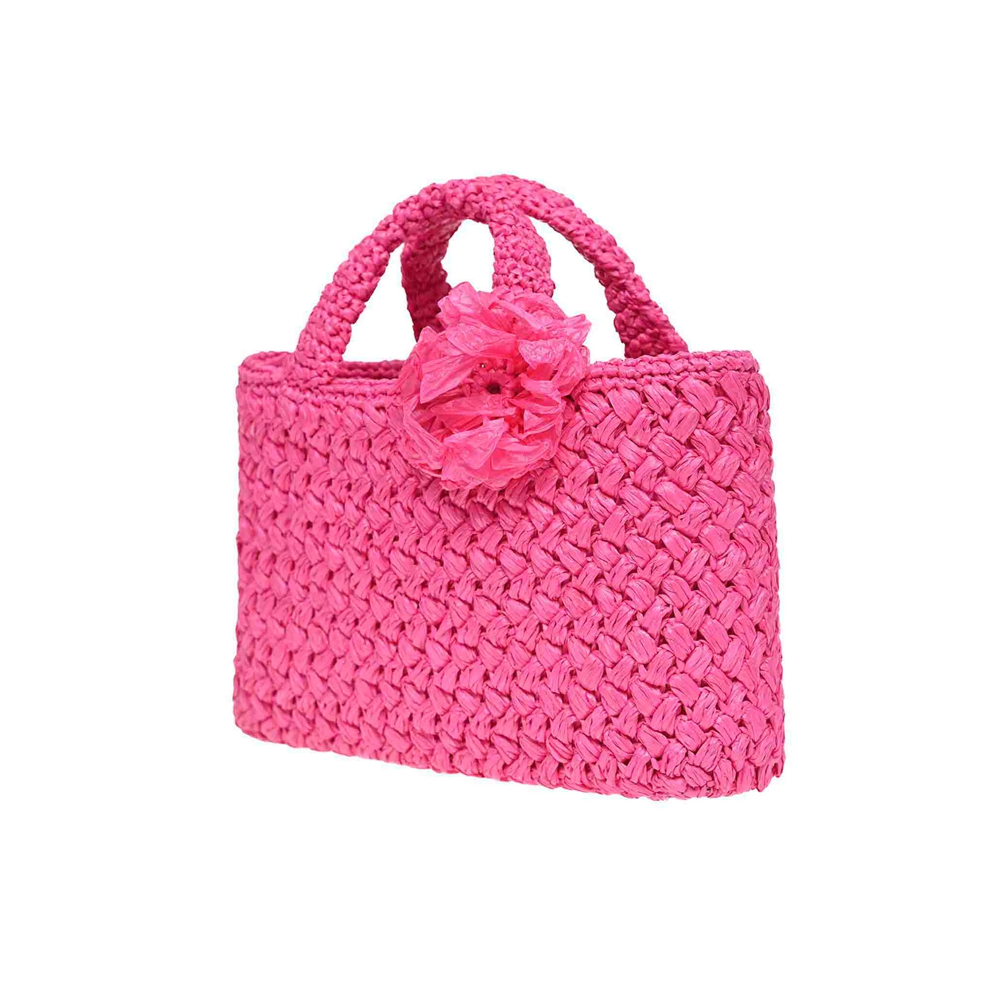 Positano Raffia Small Bag fuchsia in color hand woven made in Italy, Raffia tote bag for vacation lovers from Carmen Sol