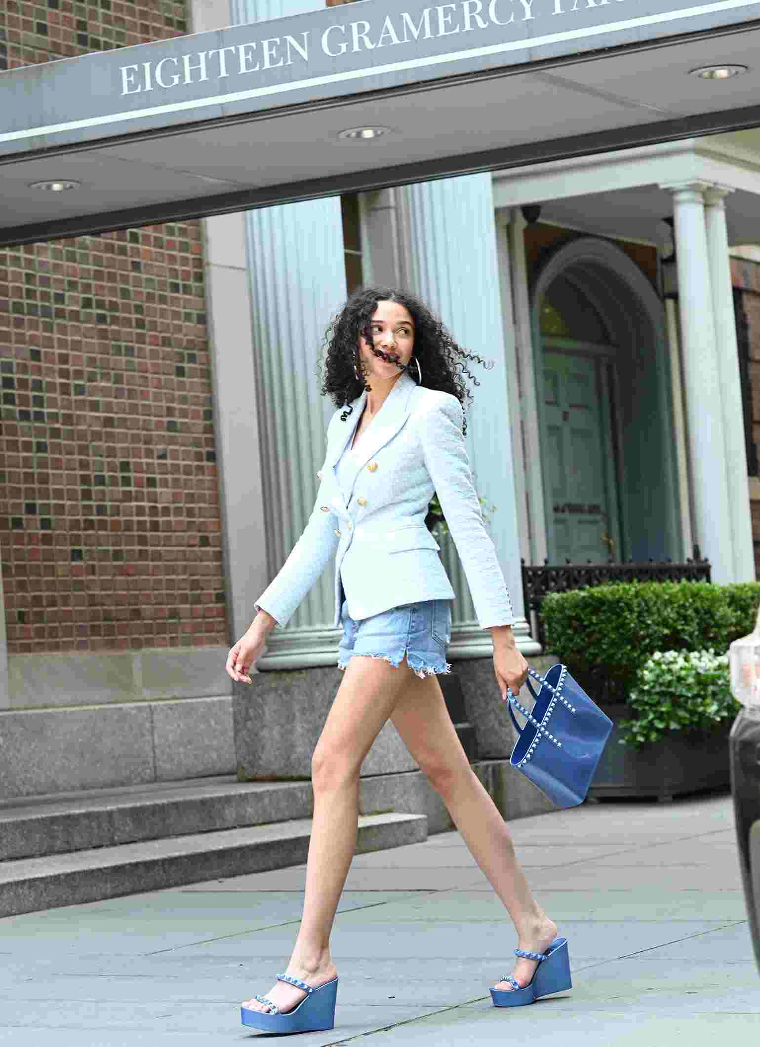 Street look from carmensol jelly accessories Grazia Mini Tote - Metallic Jelly, Tonino wedge, high heels.