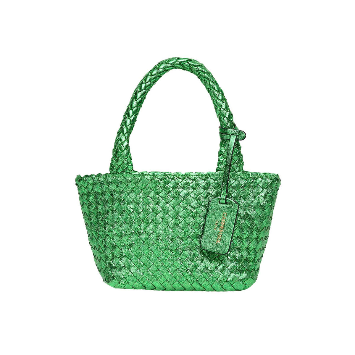 Green mini tote bag, leather bag from mini Carmen Sol. Material: hand-woven leather made in Italy.