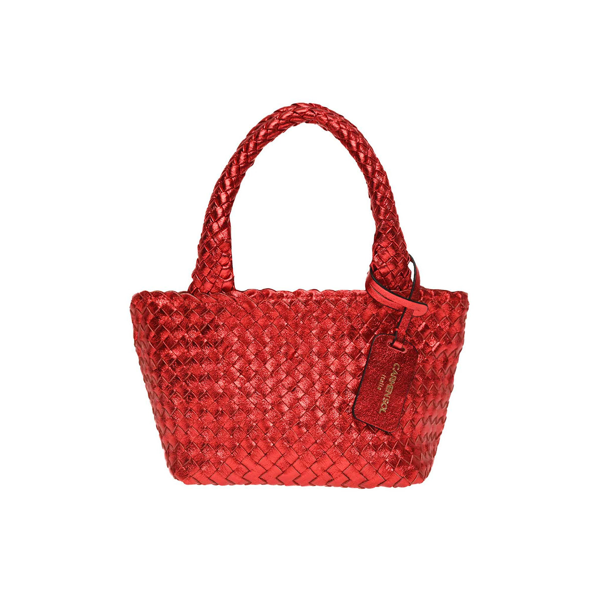 Red mini tote bag made in Italy attracts shopping and beach lovers.