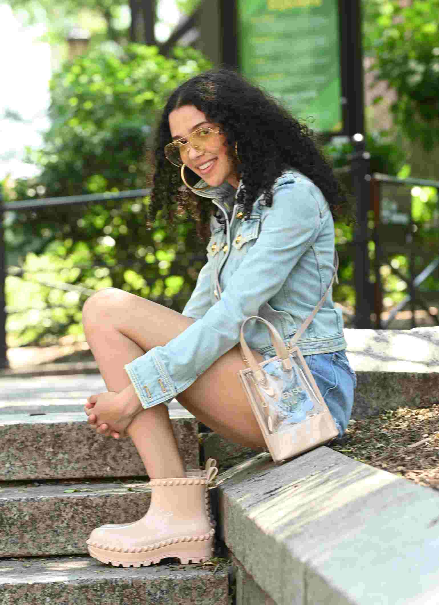 stylish beach outfit with carmen sol. hoop earrings, mini shoulder clear bags, Graziano Jelly Studded Boots.