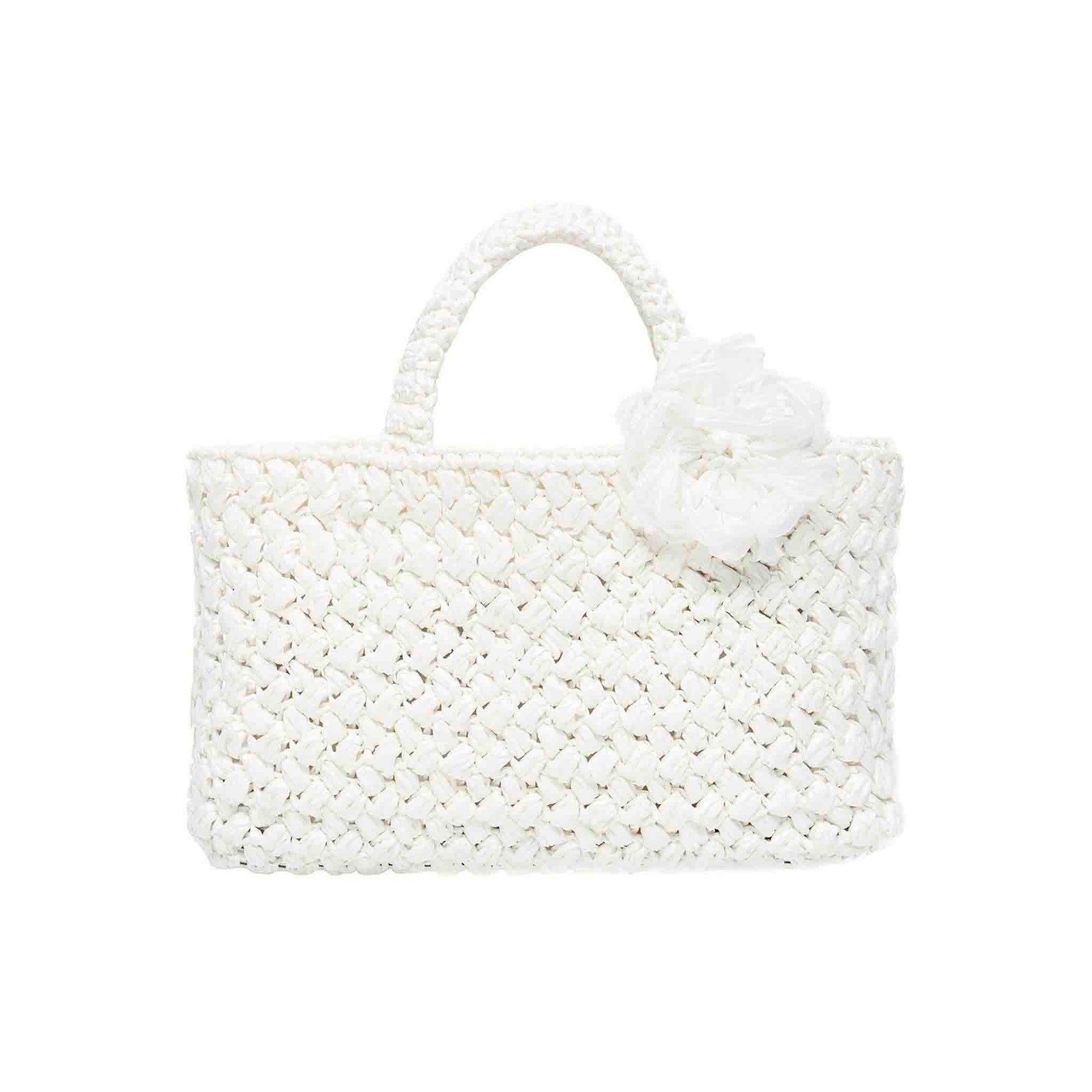 White Positano Raffia Small tote Bag from Carmen Sol 100% Handmade in Italy hand-woven flower in raffia