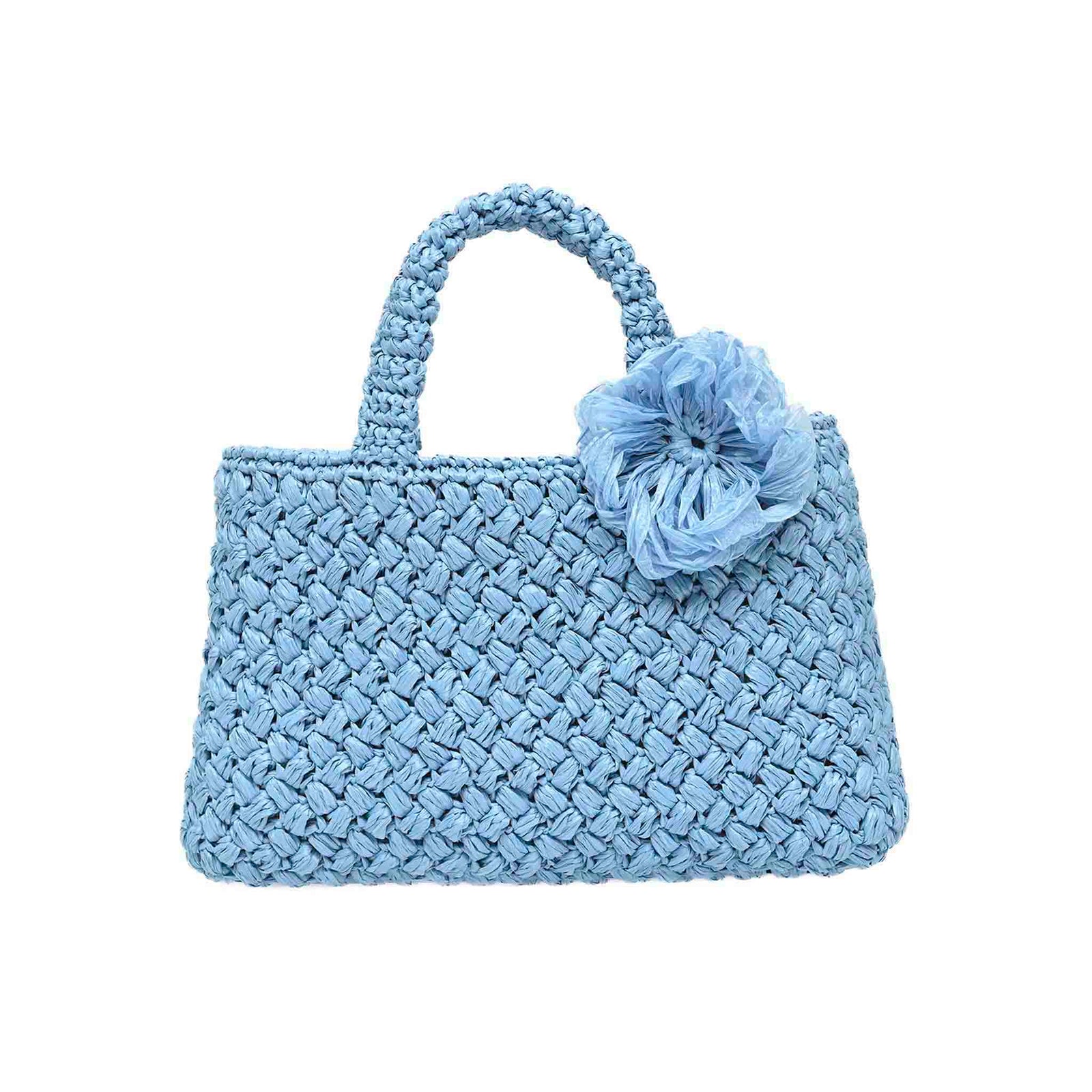 Baby Blue Hand-woven Positano Raffia Small Bag, this raffia small bag brings a touch of coastal elegance to your beach look and is a shopping lover's dream from Carmen Sol.