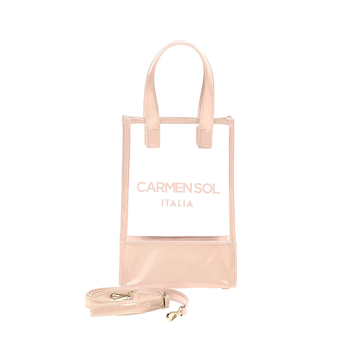 nude mini crossbdoy bag for women. Carmen sol shoulder clear bag for beach lovers