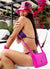 Pink bag with flap cover with matching swimsuit and buckle hat waterproof and jelly bracelets in color pink