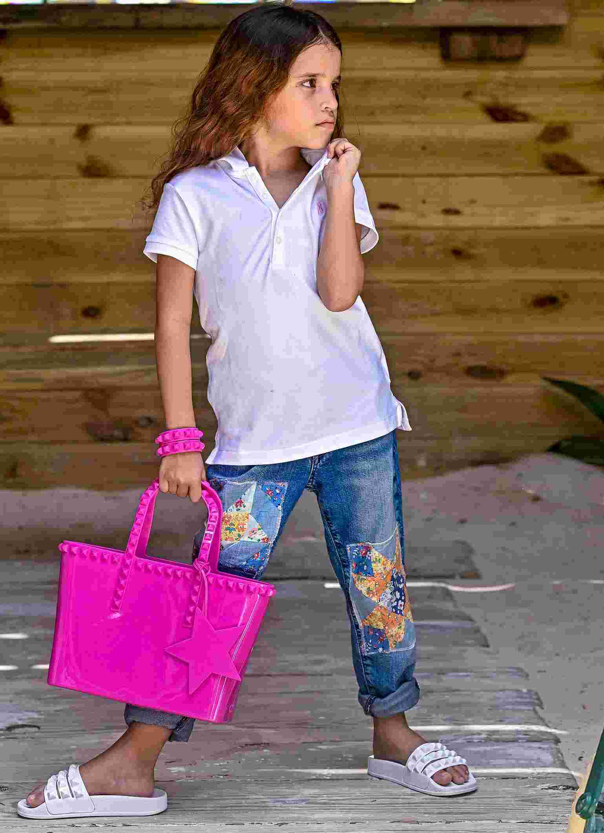 Perfect mini tote bags for kids from minicarmensol. Fuschia outfit gorgeous look for your lovely kids Miriam Micro Mini Tote, Franco kids summer jelly shoes, jelly kids bracelet 