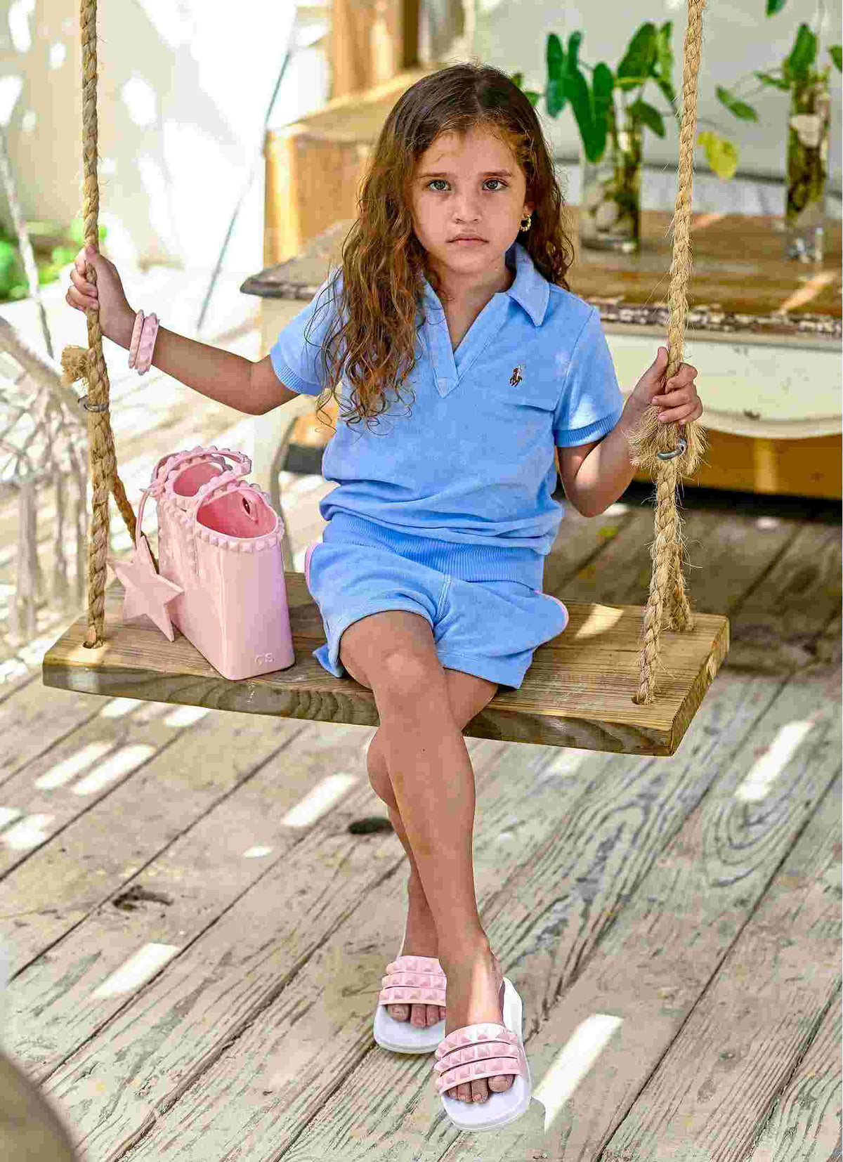 Minicarmensol kids products style with comfort, miriam micro mini tote bag, miniMelissa white sandals for kids, kids bracelets, charms.