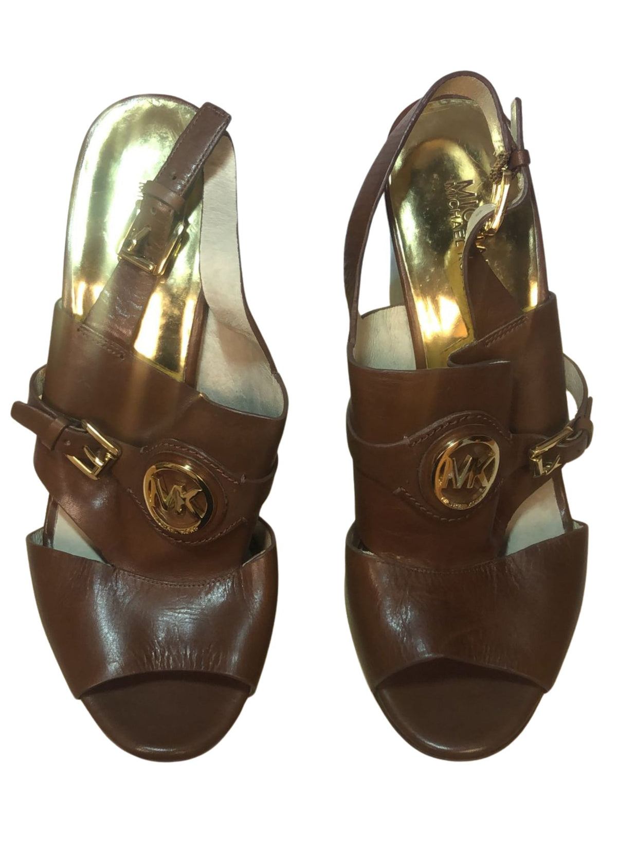 Michael Kors gold wedge espadrille sandals size 11, featuring snakeskin strap and metallic platform