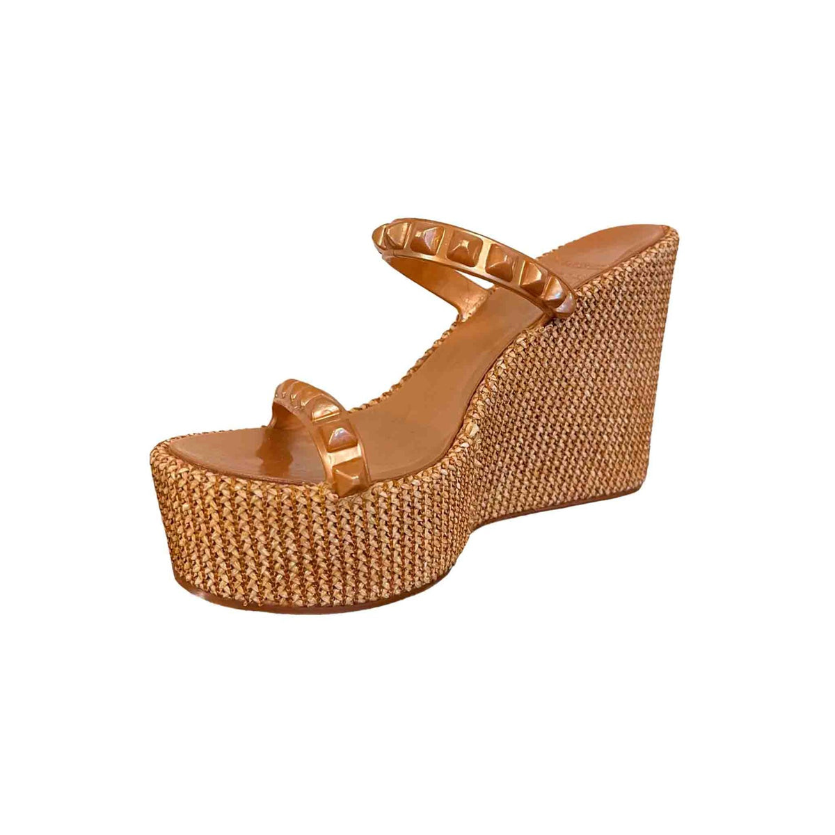 Rose Gold in Color Tonino Raffia High Wedges, featuring a tropical-inspired design that complements beachwear beautifully.
