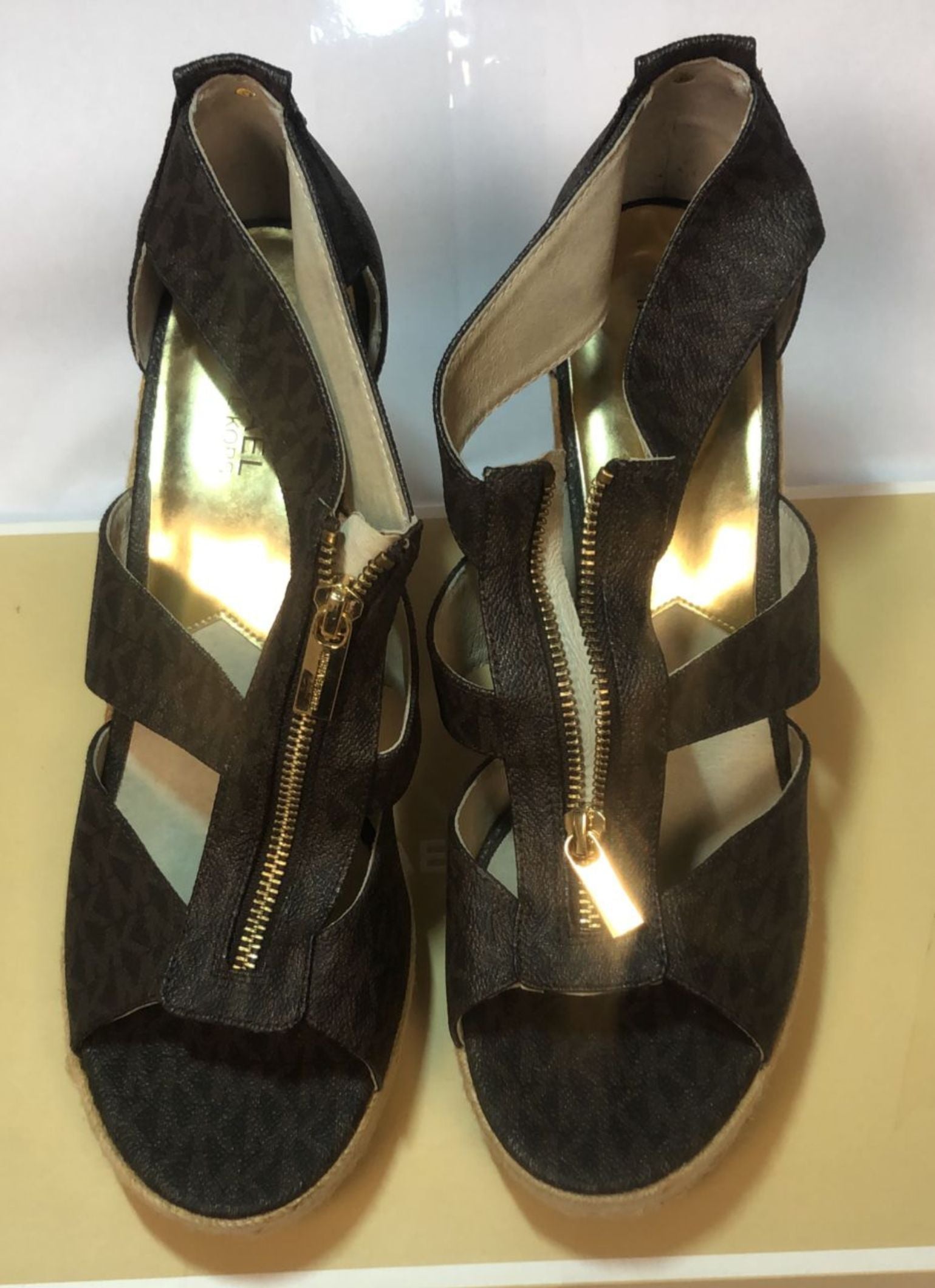 Michael Kors signature logo blend wedge platform sandal, brown canvas and wrapped rubber sole, size 11.