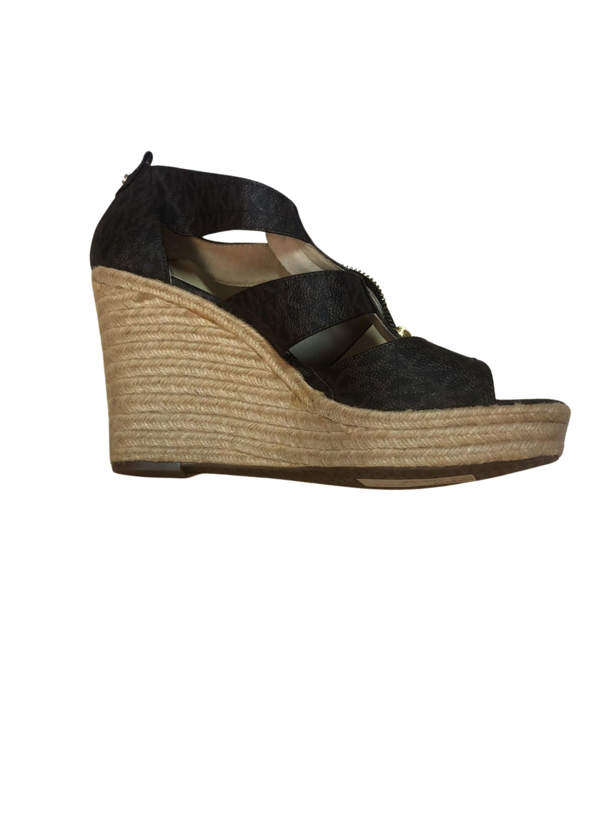 Detailed shot of Michael Kors platform wedge with animal print, slip-on design for versatile style, size 11 women's sandal.