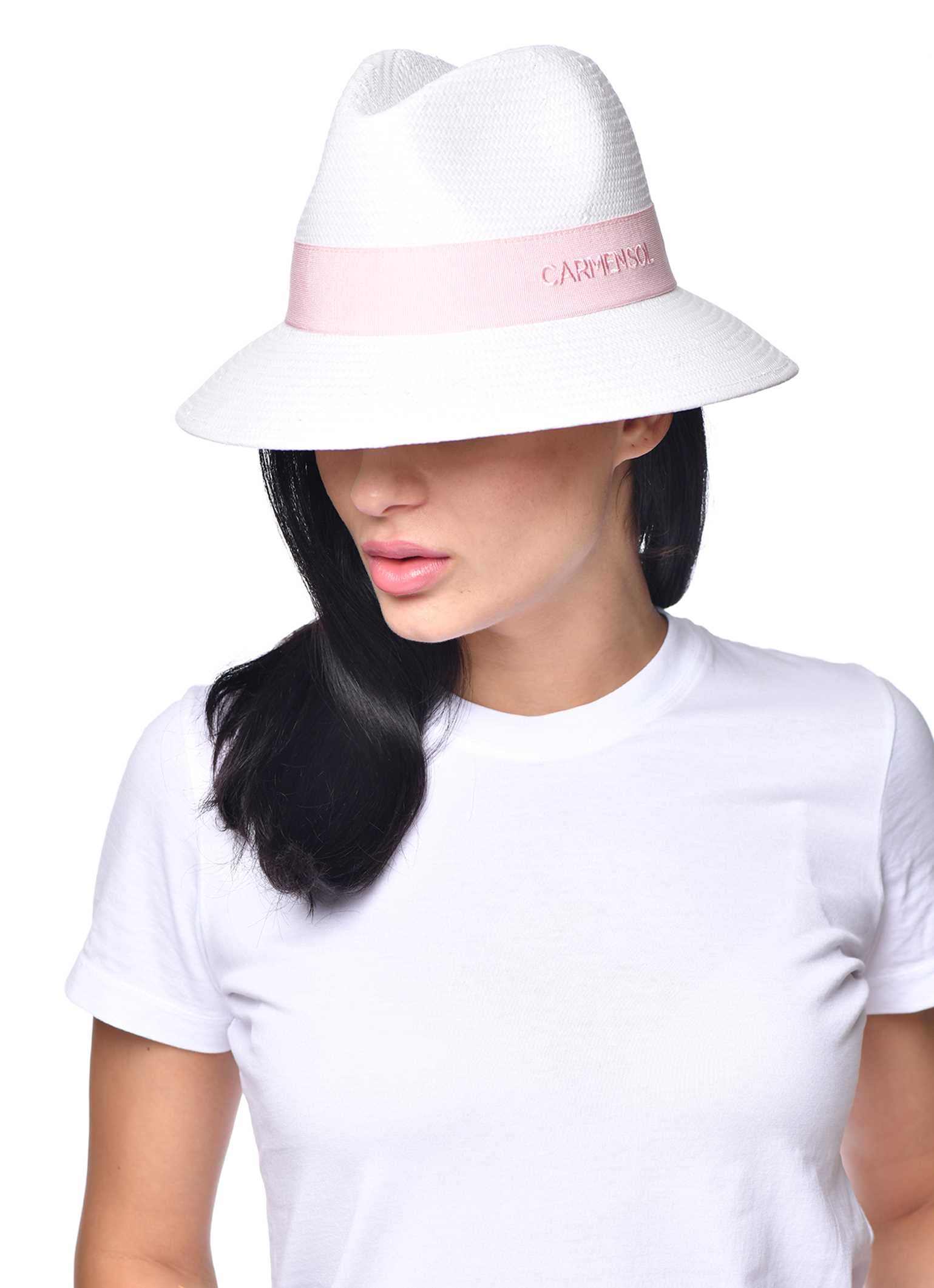 Women wearing Dolores 2 packable fedora hat in color baby pink