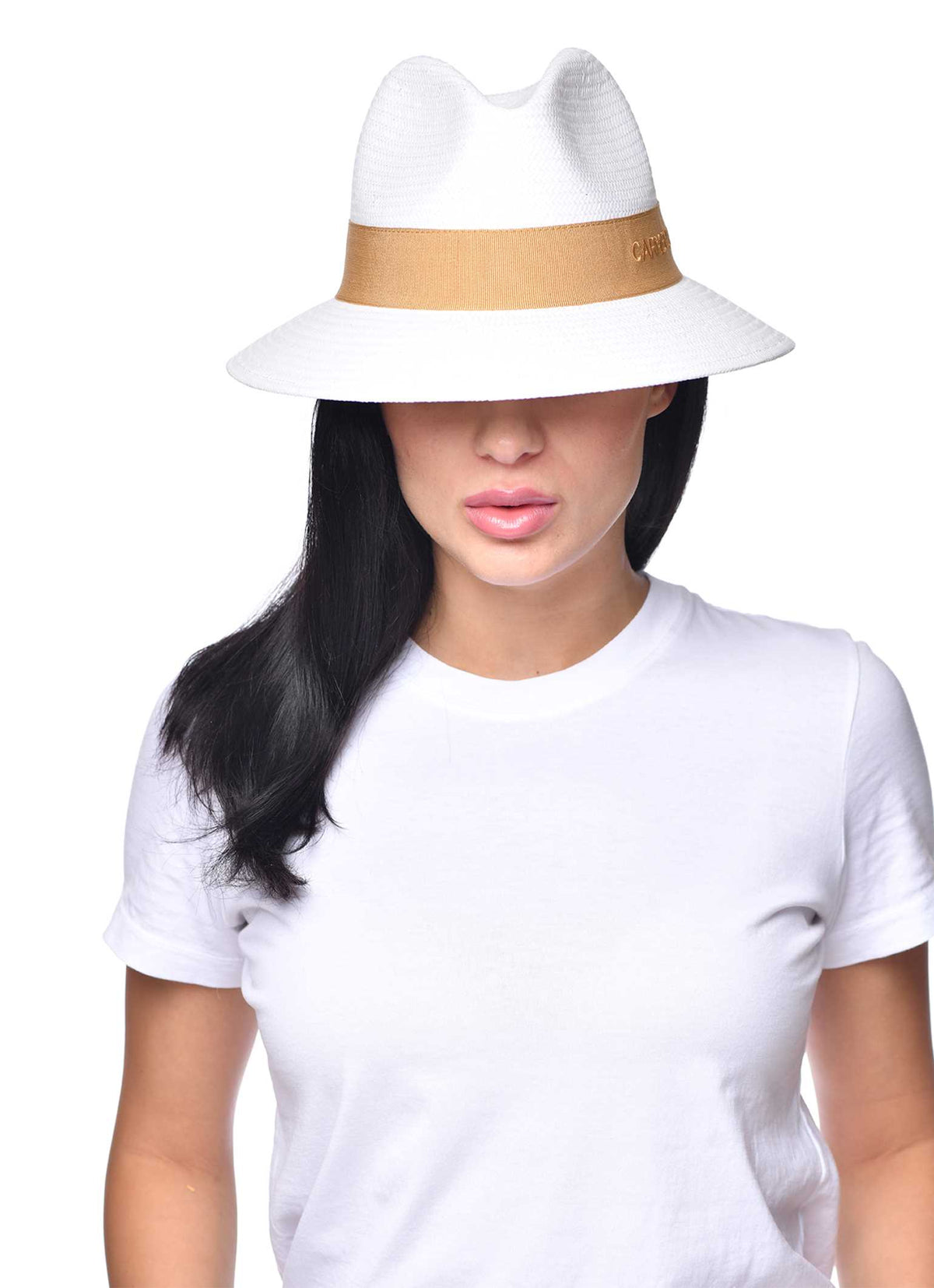 Women wearing water resistant Dolores 2 packable fedora hat in color nude
