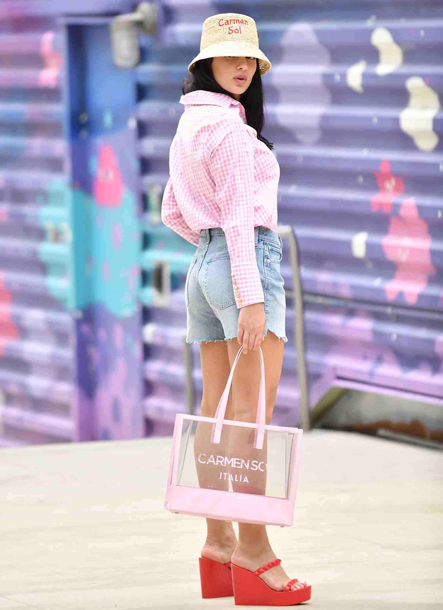 clear jelly purse in color baby pink paired with Carmen Sol red jelly wedges and hat