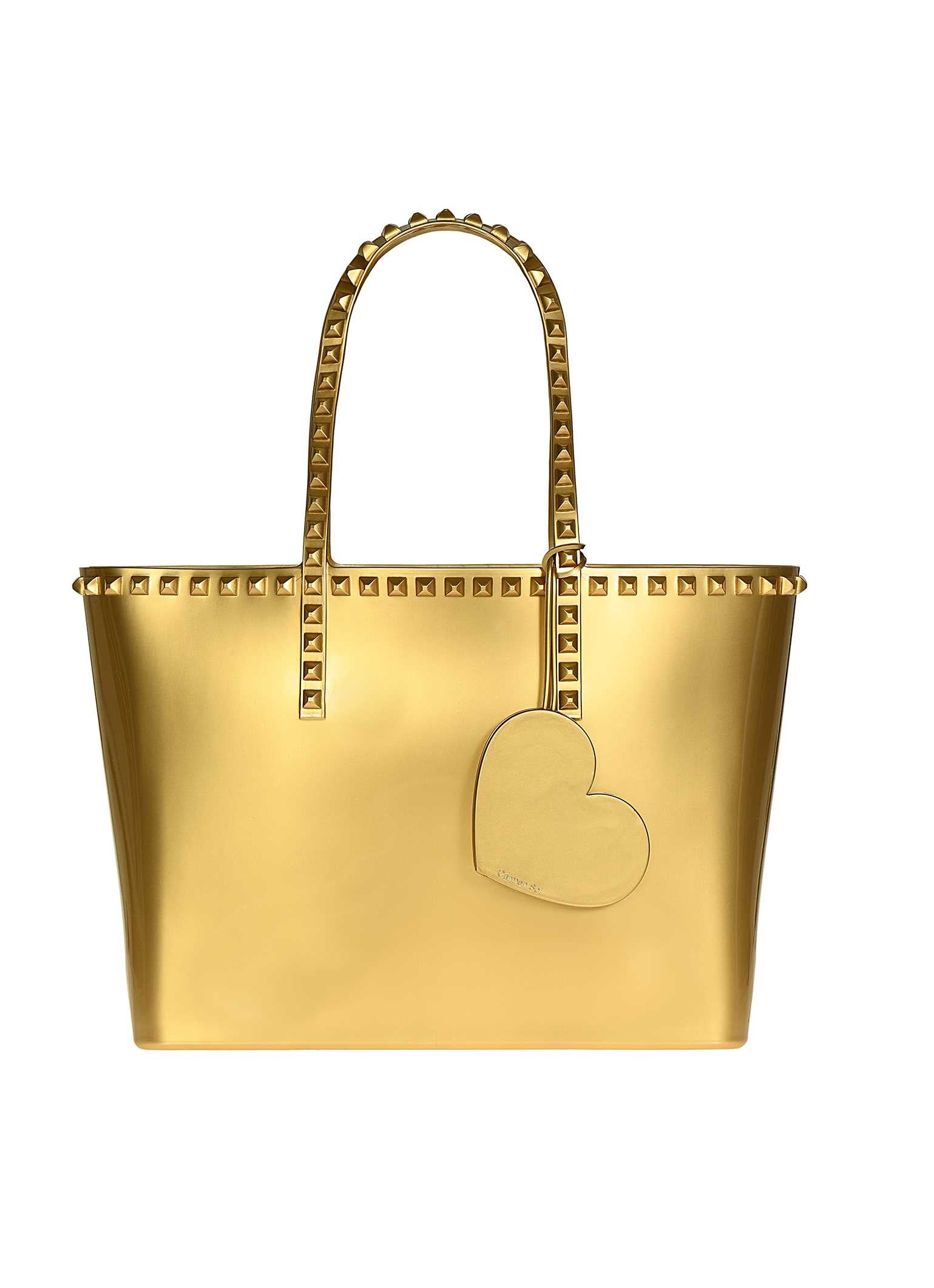Gold Cuore charm purses personalized with Carmen Sol metallic jelly bags