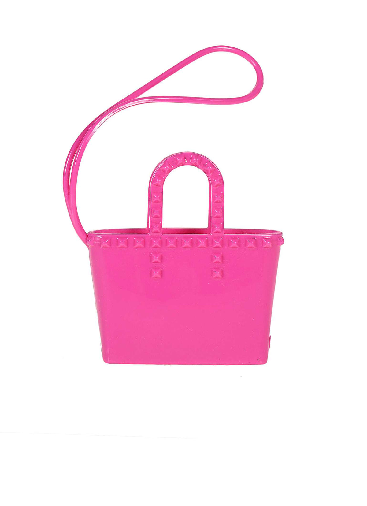 Cute studded mini tote shaped Itsy Bitsy purse charms in color fuchsia