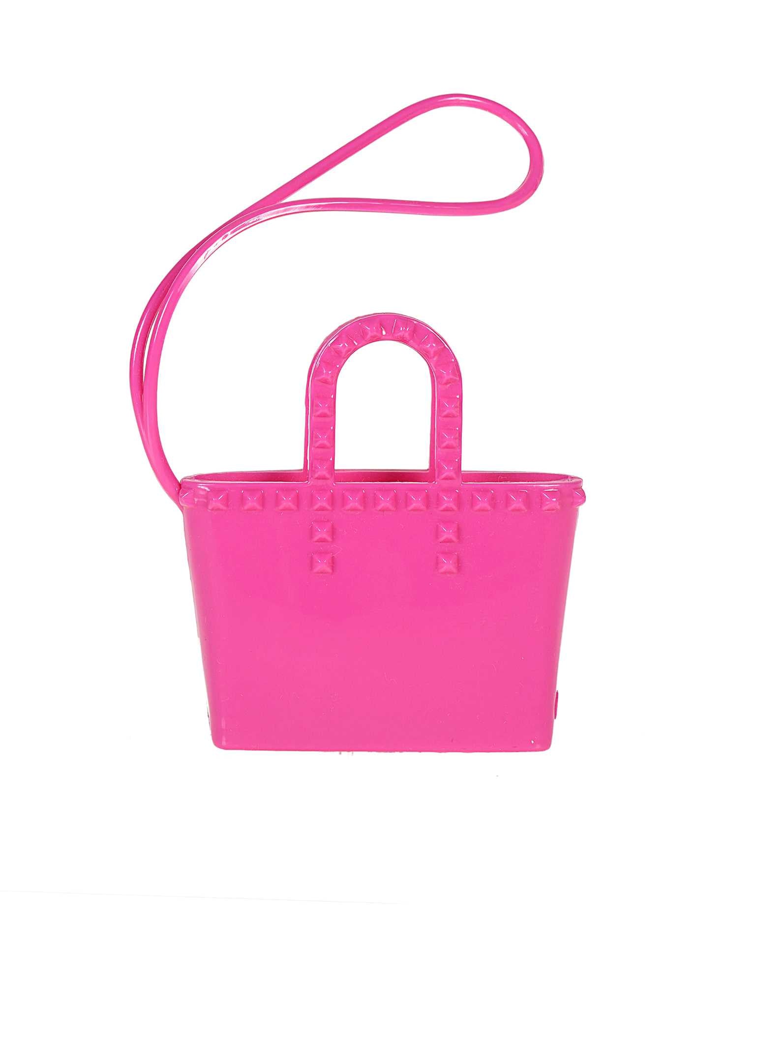 Cute studded mini tote shaped Itsy Bitsy purse charms in color fuchsia