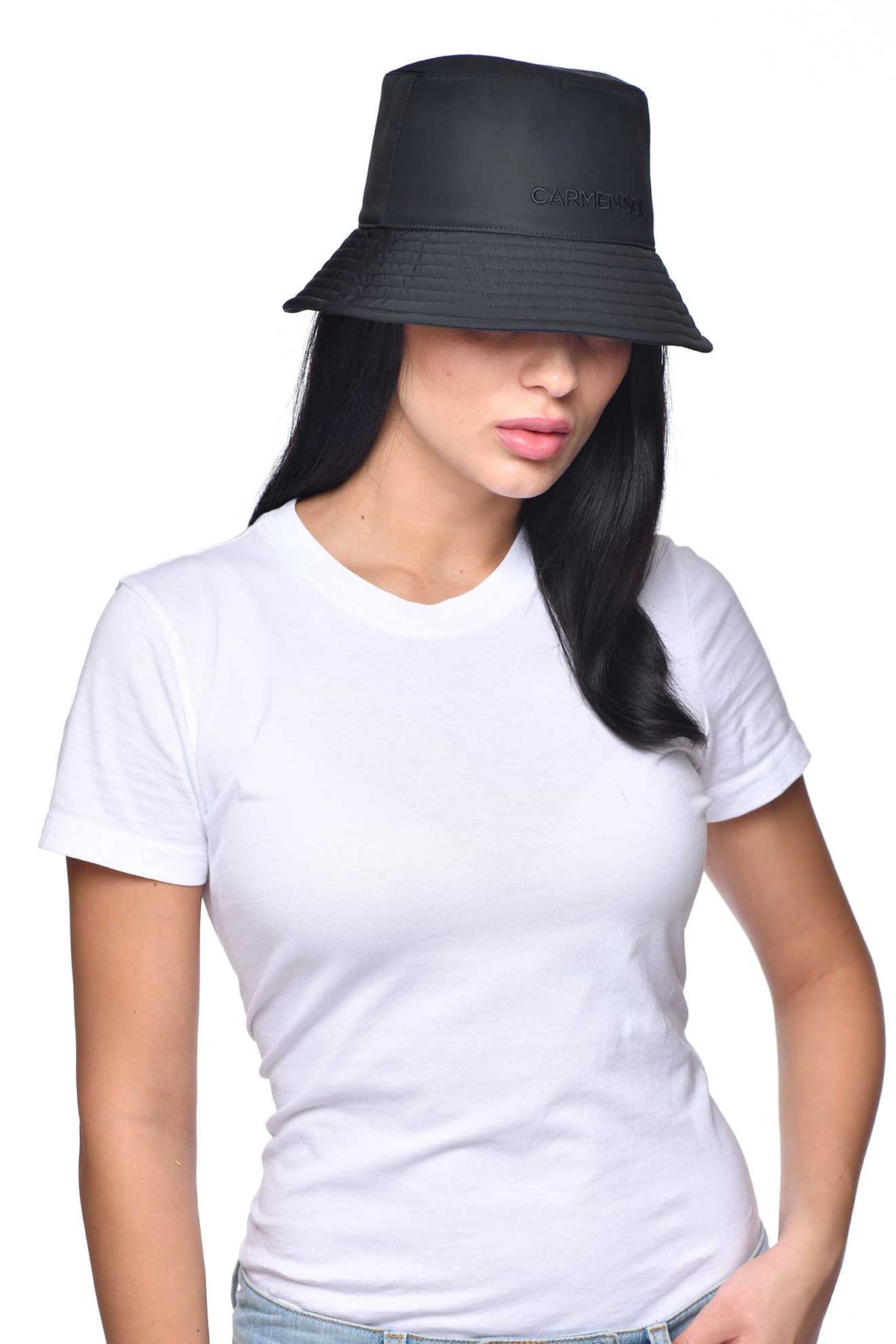 Carmen Sol womens nylon bucket hat outfit in color black