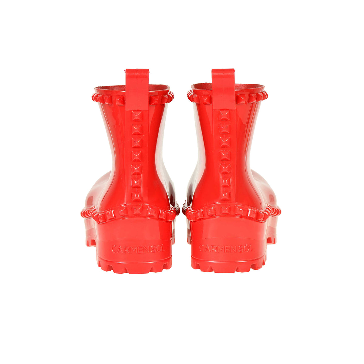 Pair of red Carmen Sol Bottega puddle boots in the back view