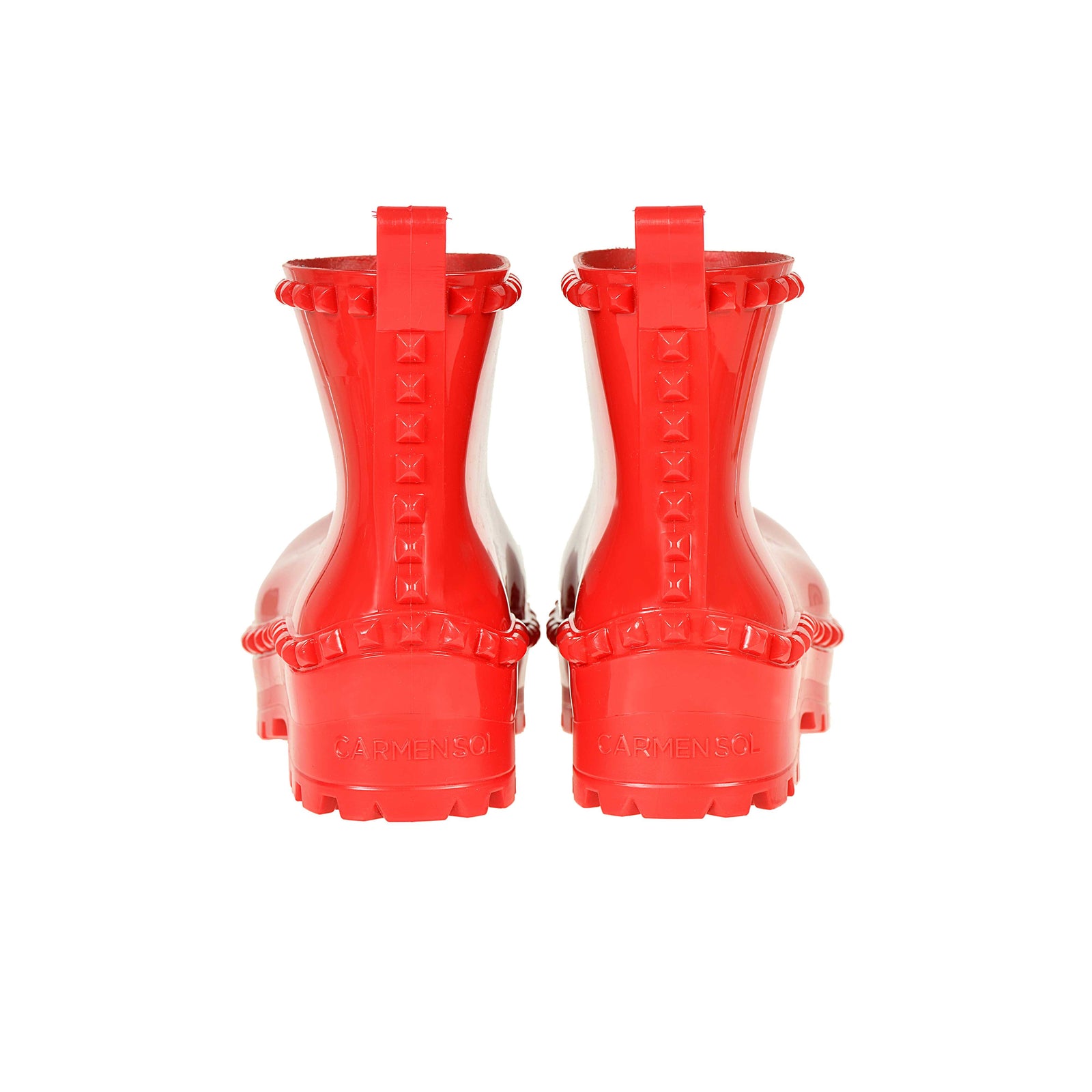 Pair of red Carmen Sol Bottega puddle boots in the back view