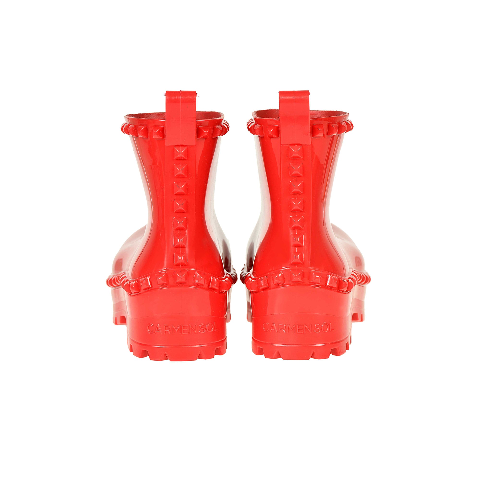 Pair of red Carmen Sol Bottega puddle boots in the back view