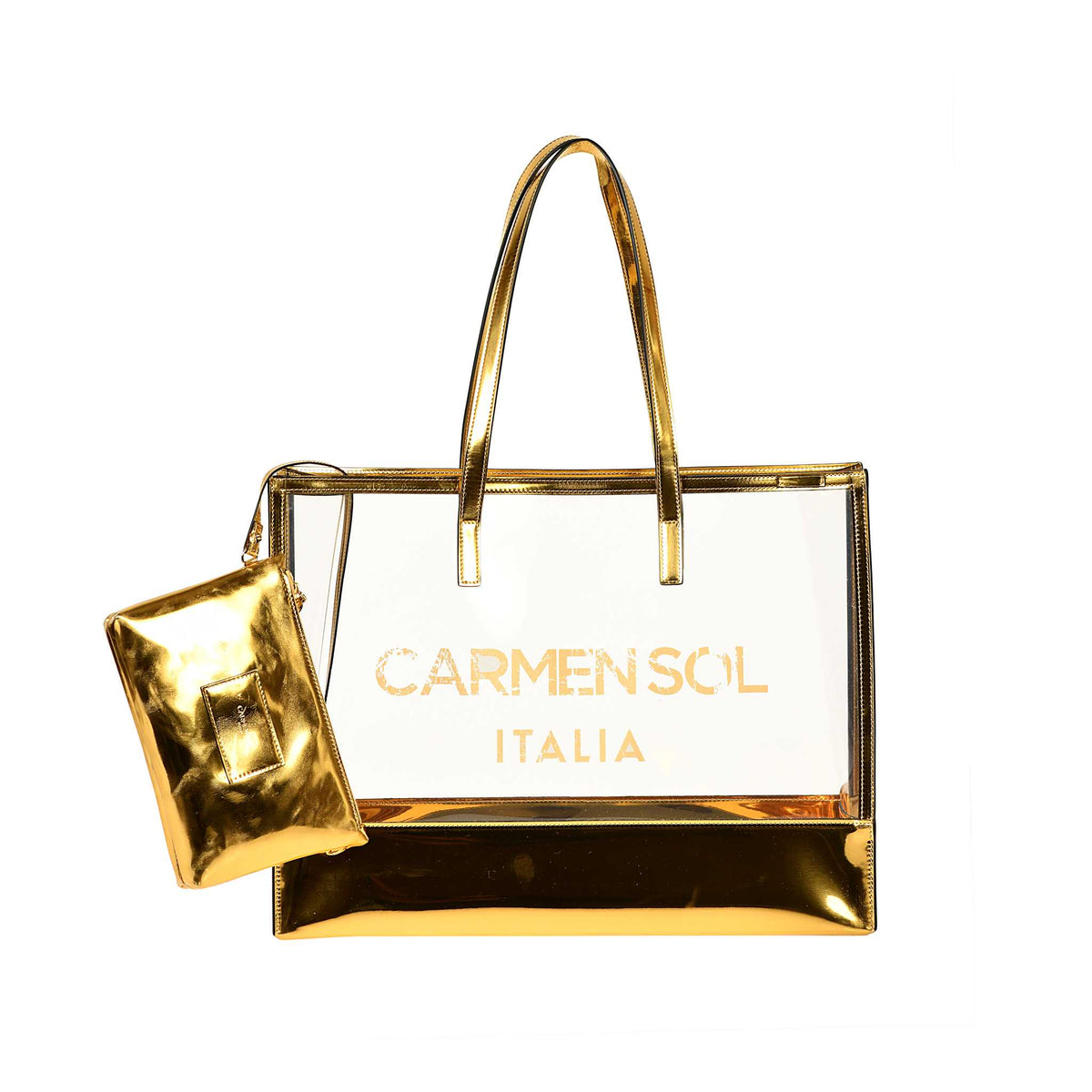 Carmen Sol vegan clear bags in color gold along with detachable mini bag