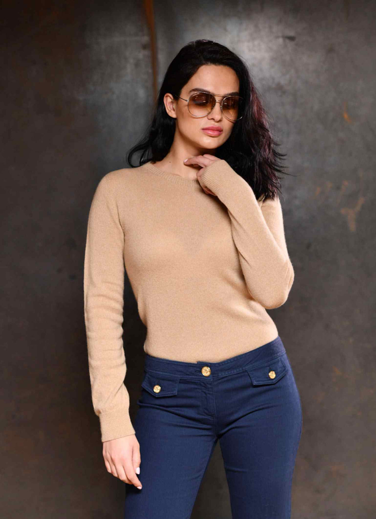 Camel Cortina womens cashmere sweaters with Carmen Sol sunglasses