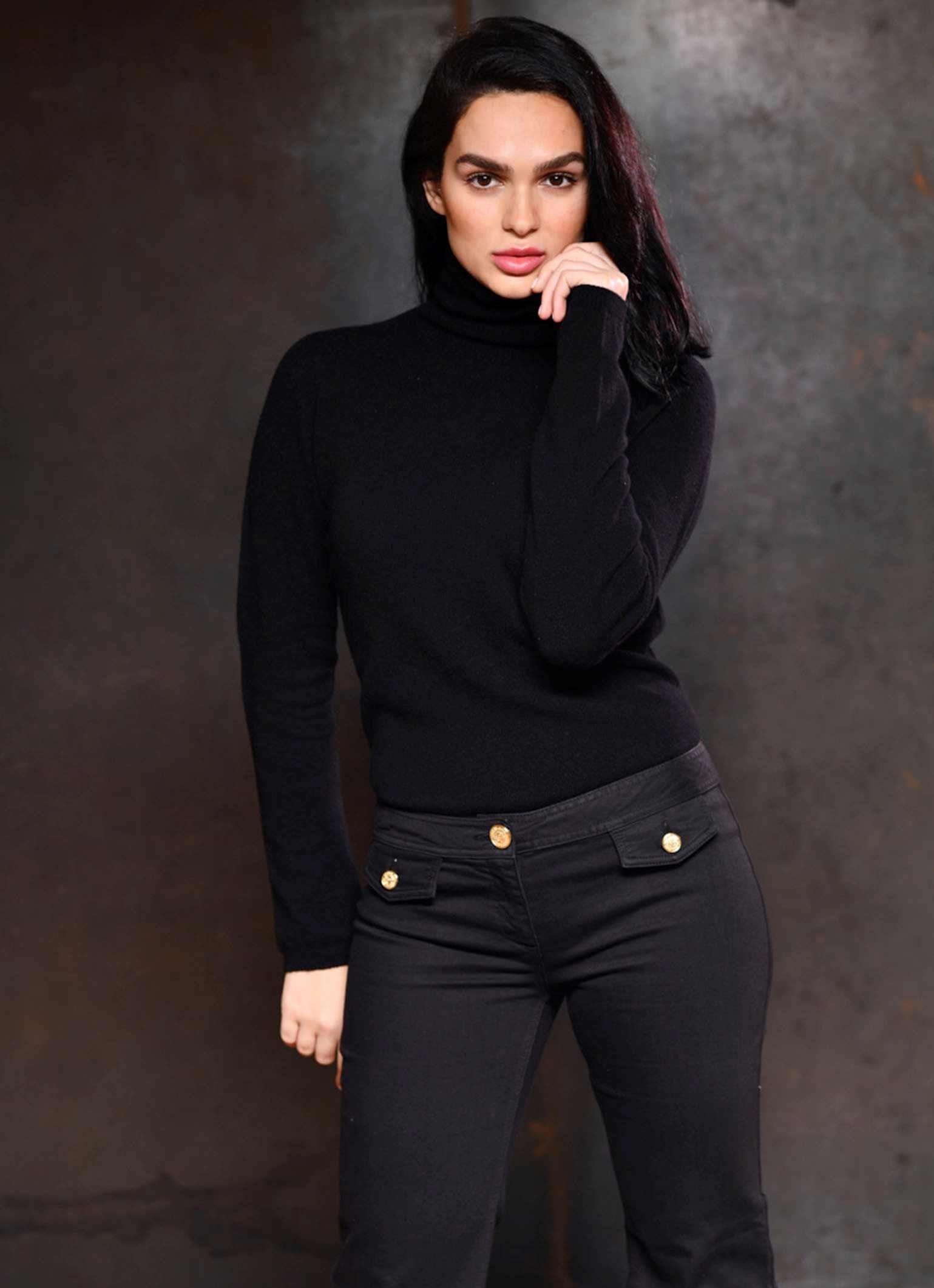 Turtle Neck Womens Black Cashmere Sweater Courmayeur Pure