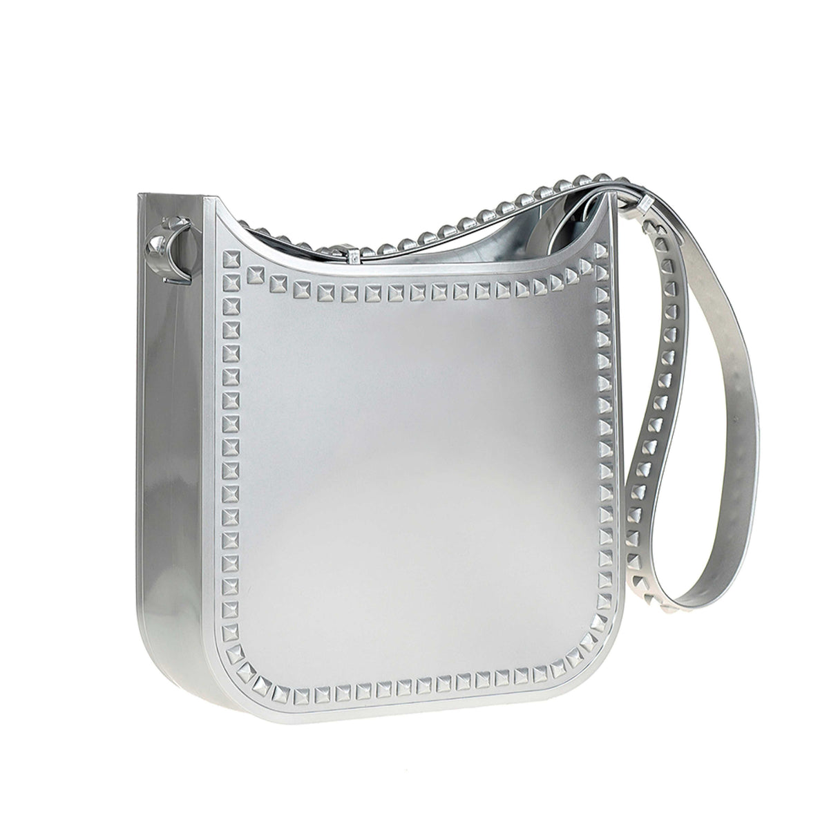 jelly tote beach bag in silver with studded design