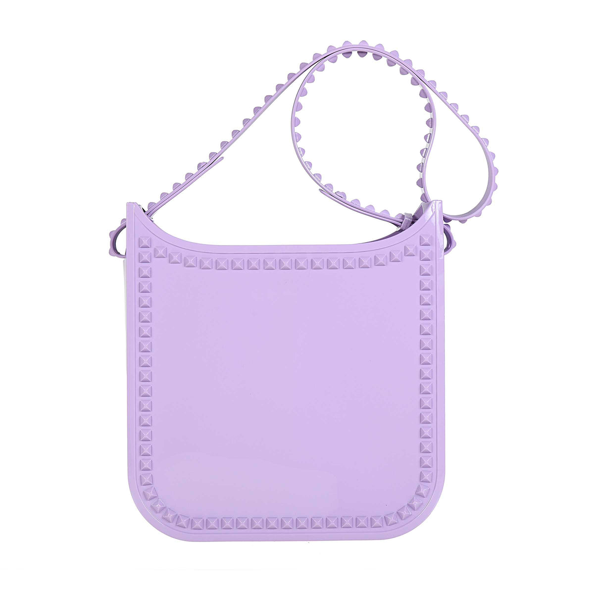 Violet rubber beach bag with studded design all over the bag