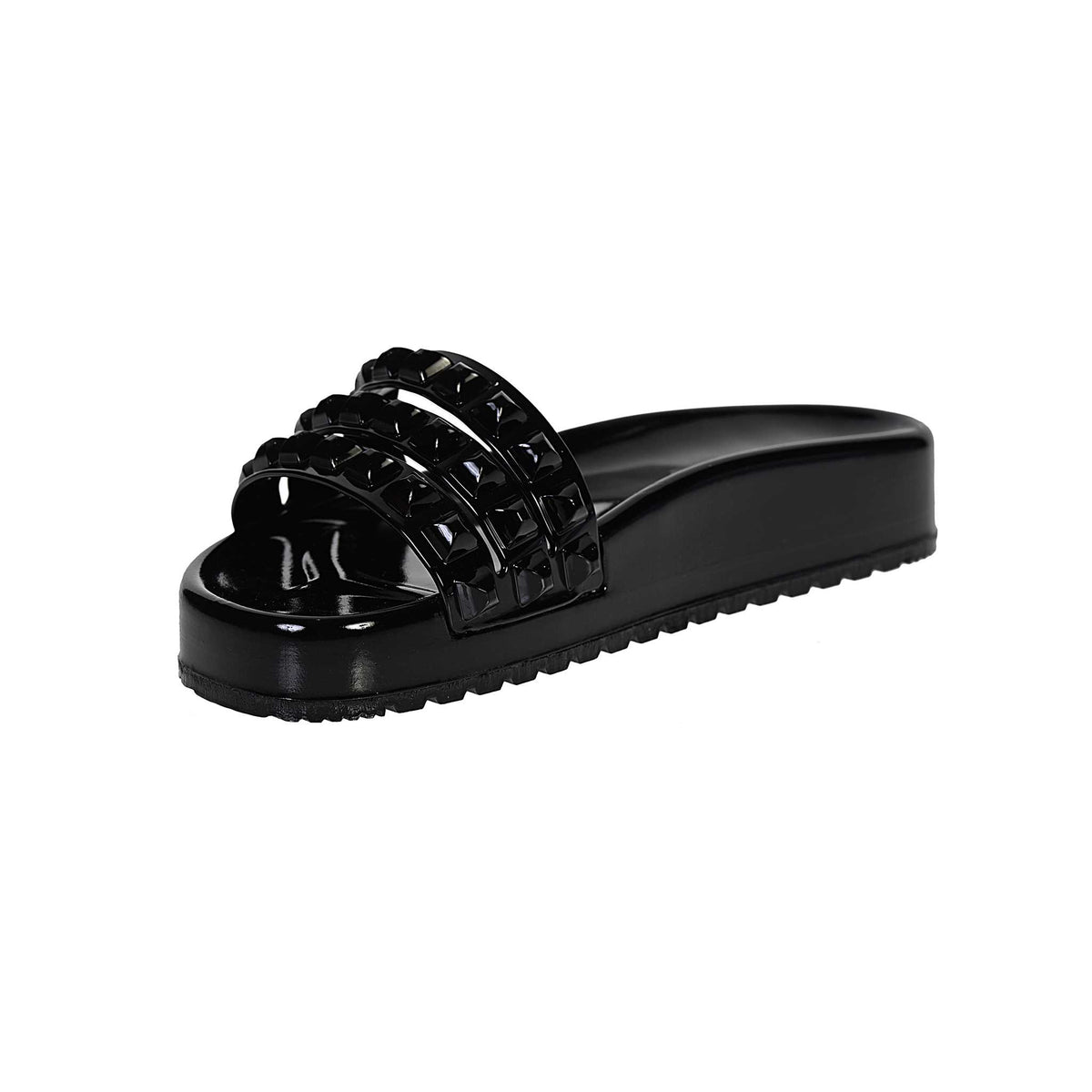 Black platform slide sandals for women, stylish beach look ultra shiny 3 strap shinny look from carmen sol