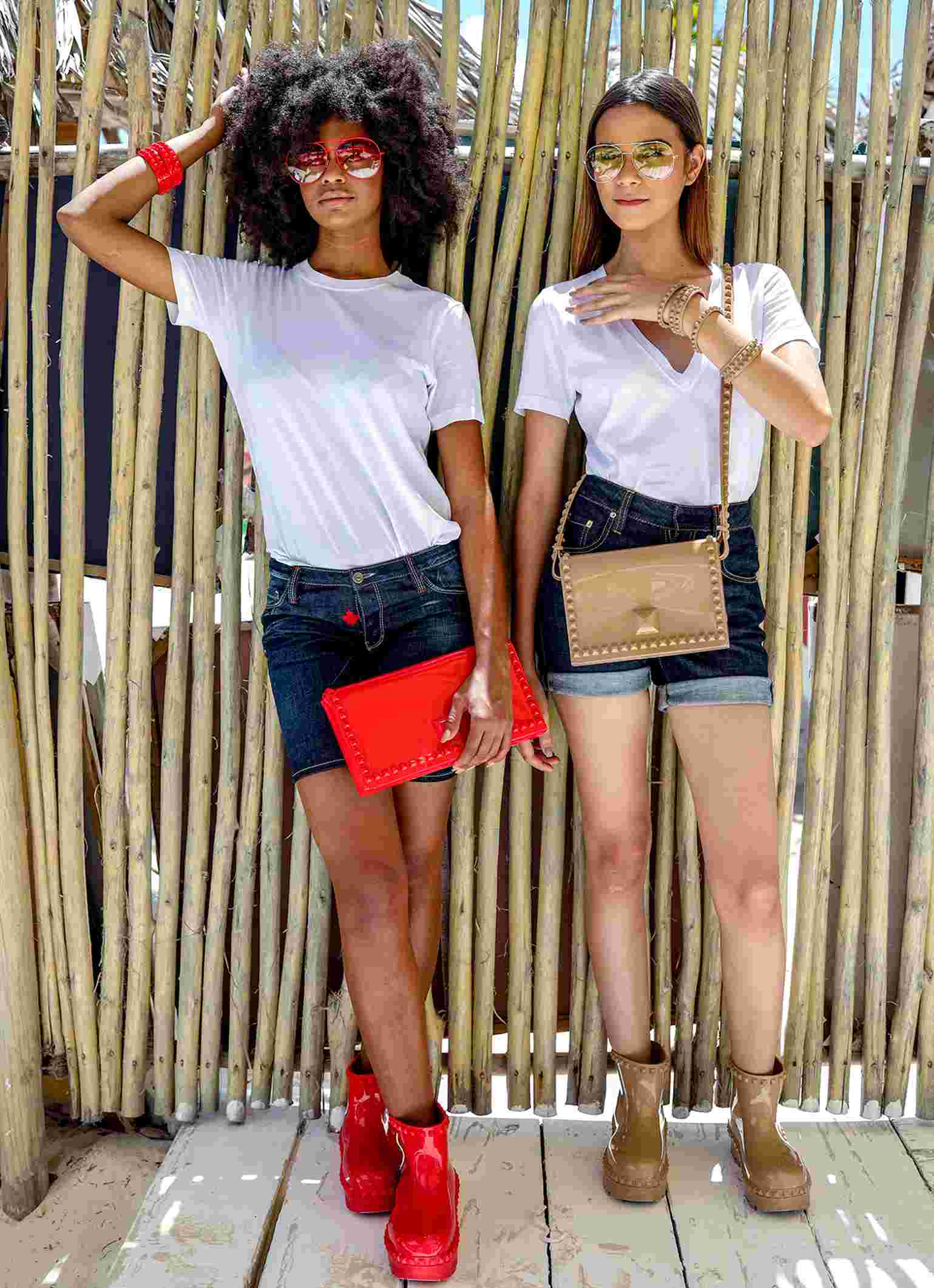 Flap jelly crossbody bag paired with Carmen Sol jelly boots, jelly bracelet and sunglasses