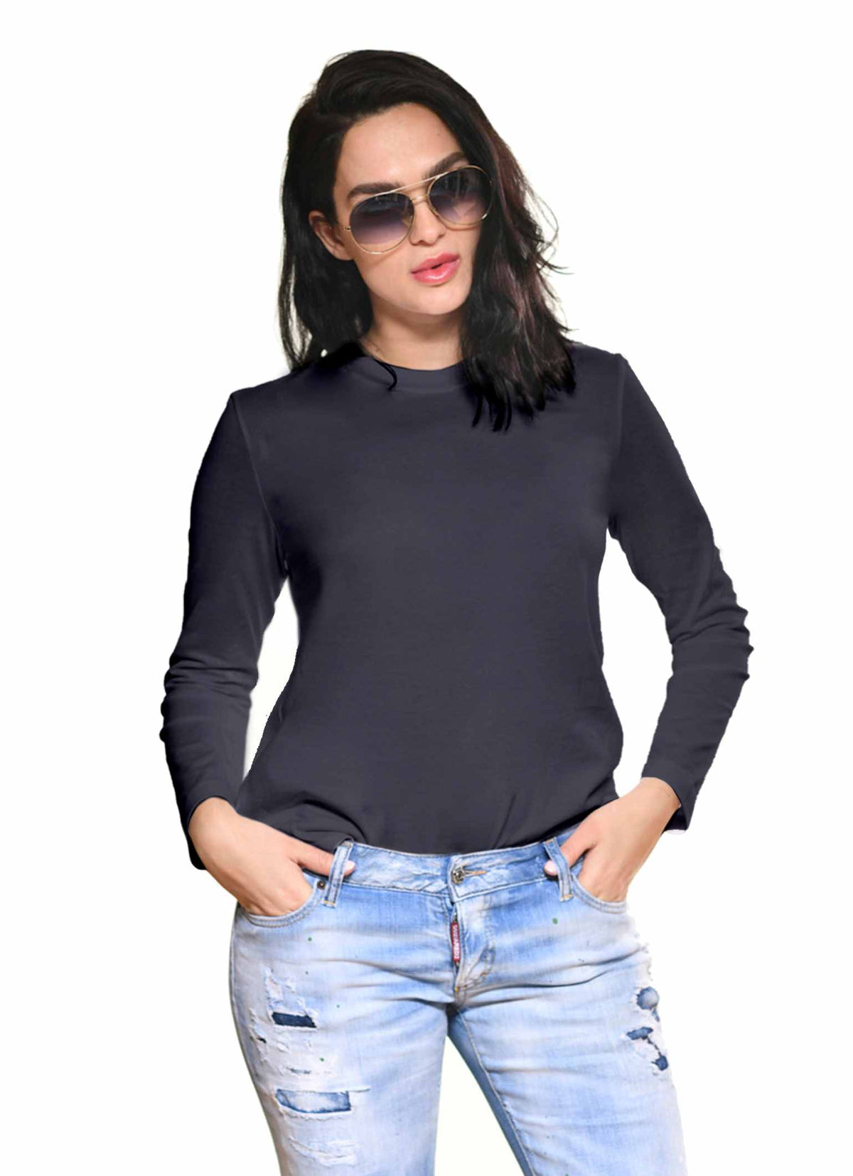 Carmen Sol long sleeve tee with round neck in color mid night blue