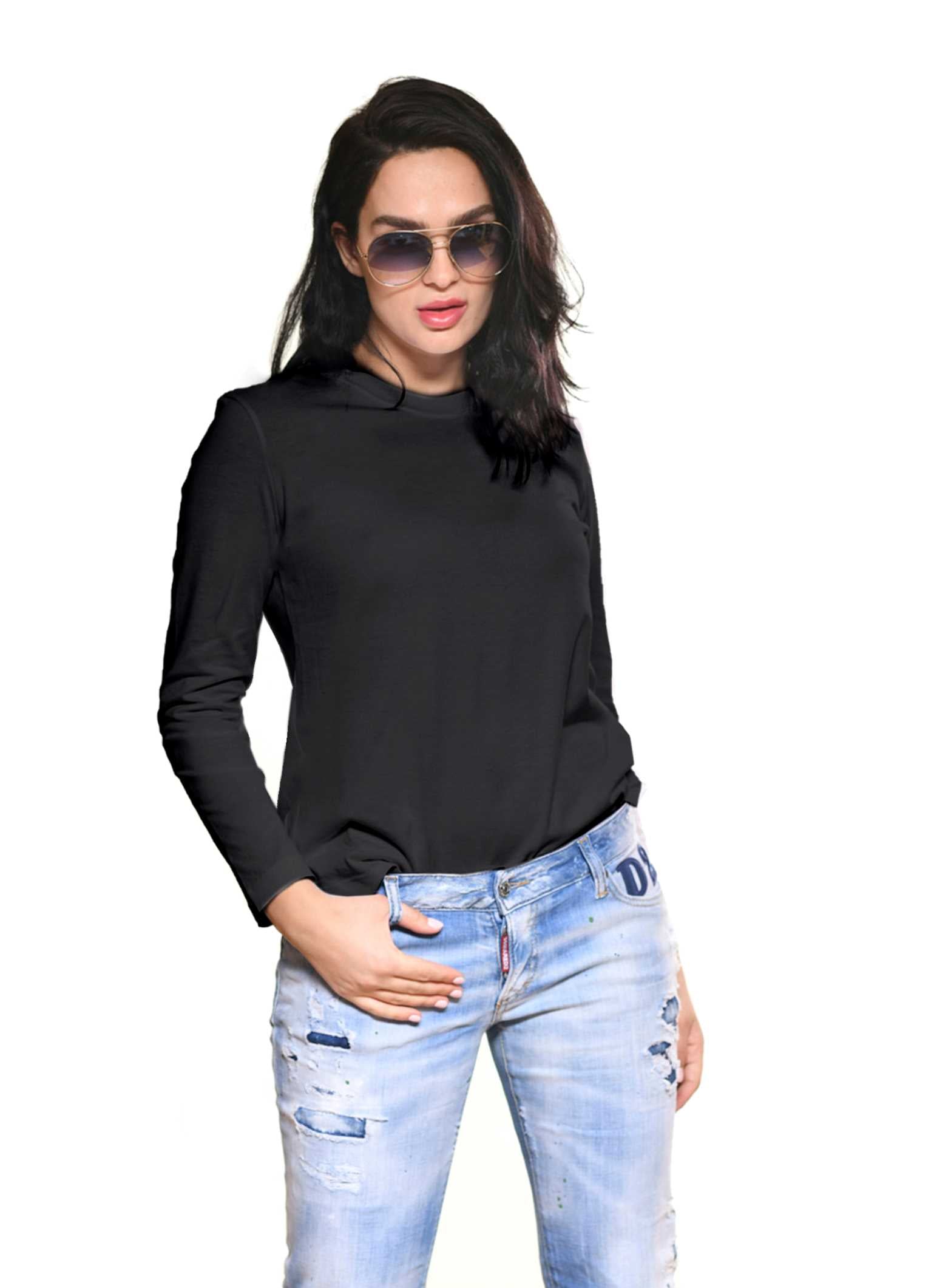 Women wearing sustainable cotton long sleeve tees in color black