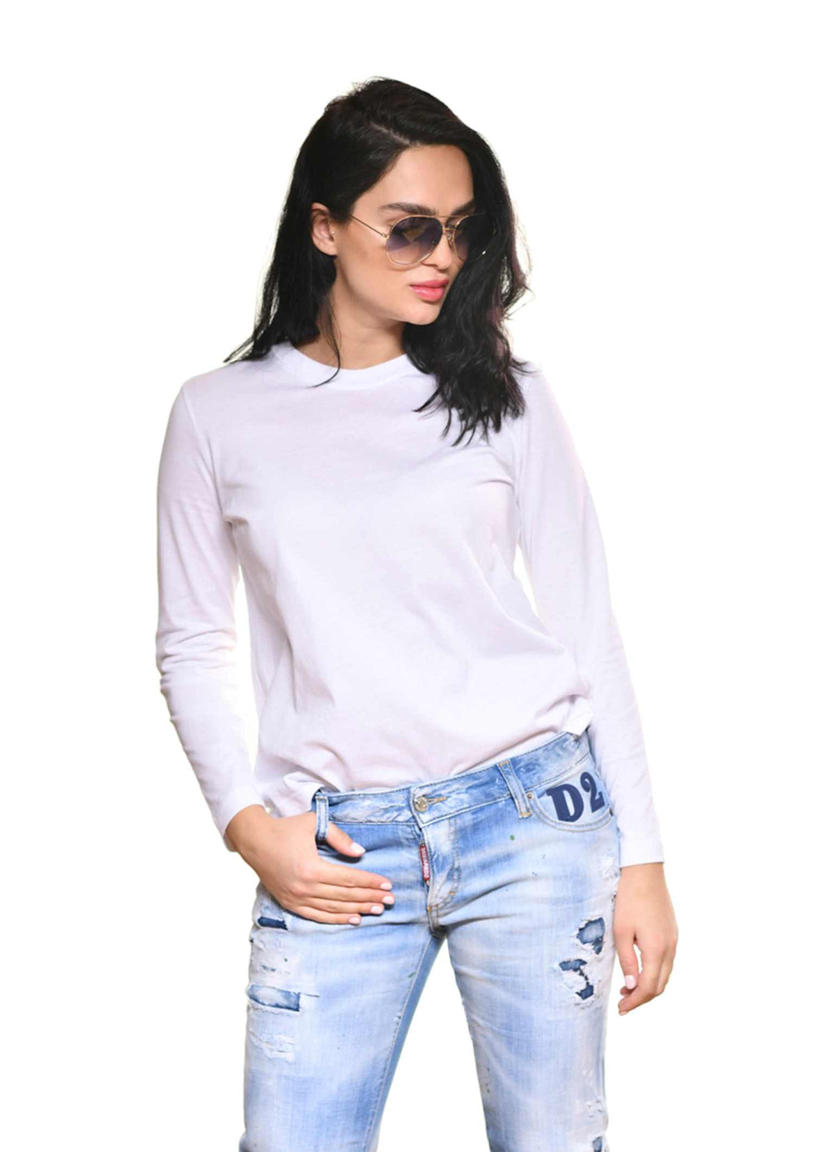 Long sleeve round neck tee shirts for women in color white