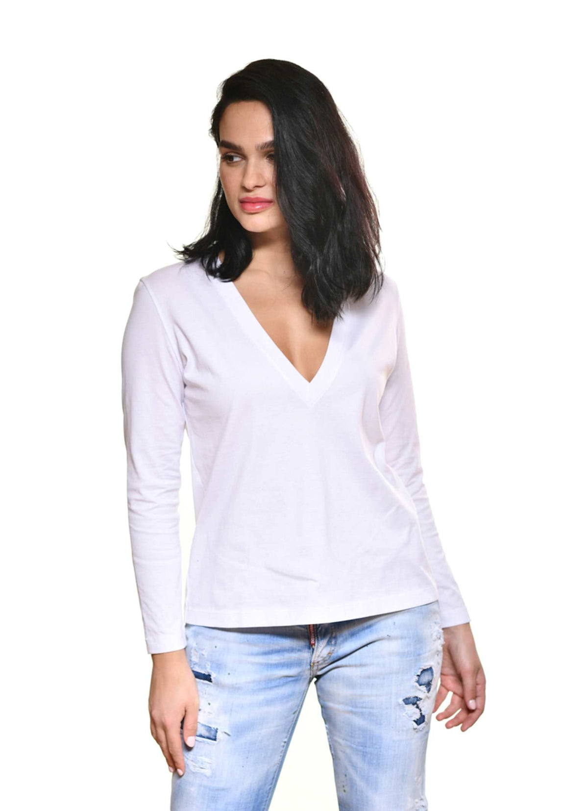 Carmen Sol v neck tees for women with long sleeve in color white