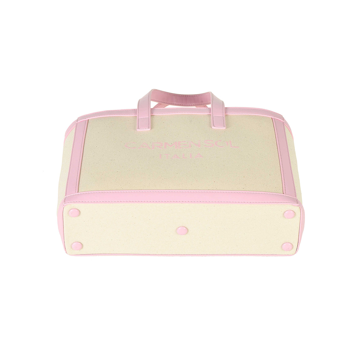 Side view of mini canvas beach purse in color baby pink