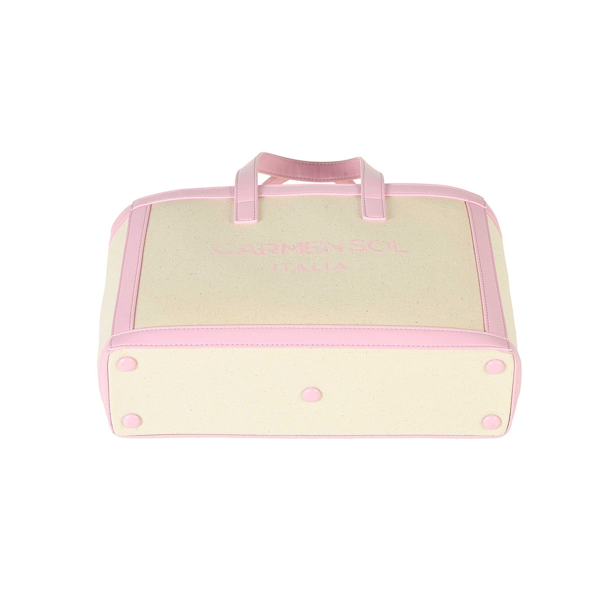 Side view of mini canvas beach purse in color baby pink