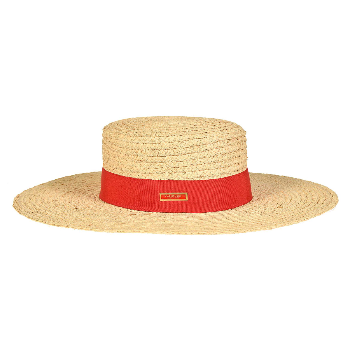 Handcrafted Mirtha raffia wide brim sun hat from Carmen Sol in color red