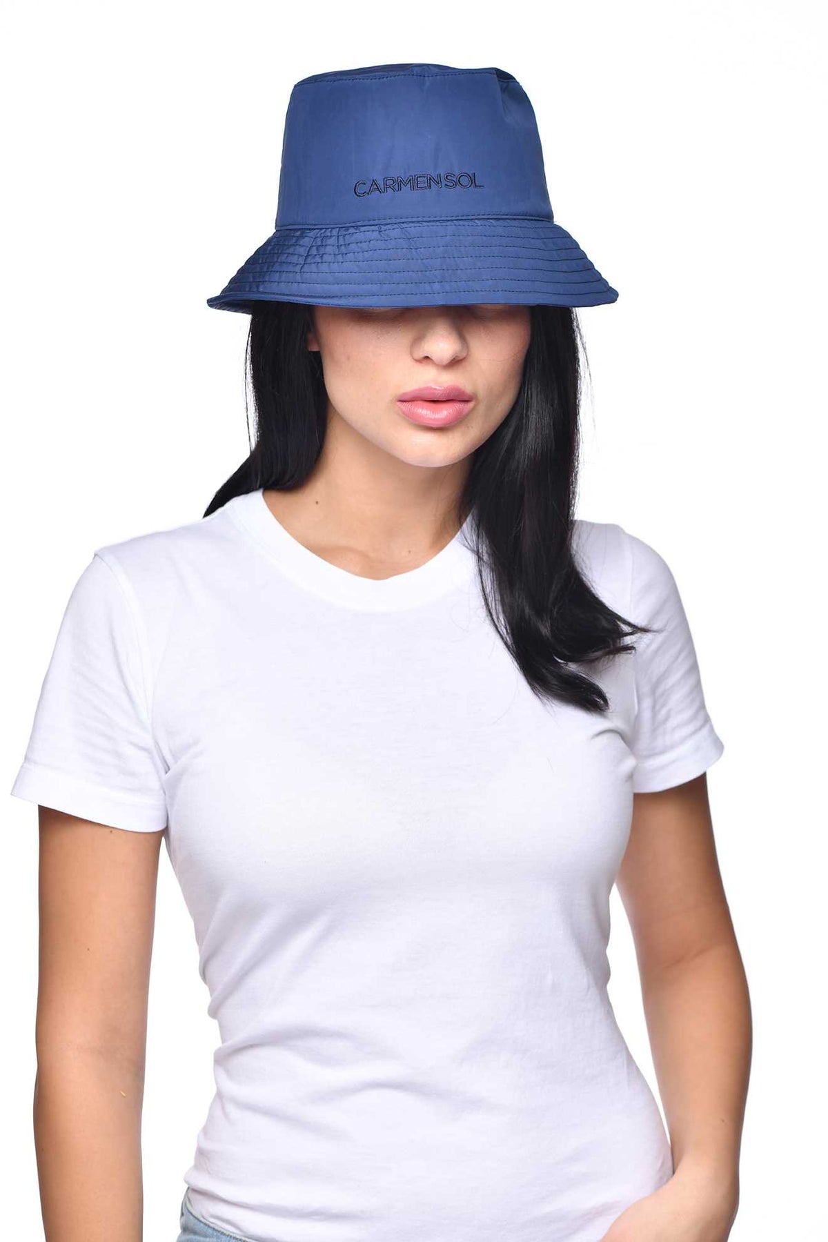 Women wearing made in Italy Raquel nylon womens bucket hat in color navy blue