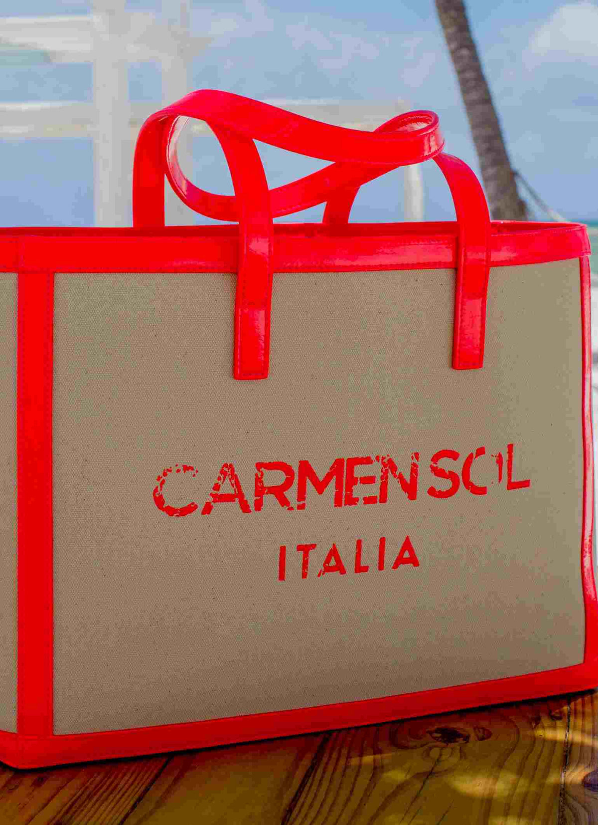 Carmen Sol red canvas large tote bag for the beach
