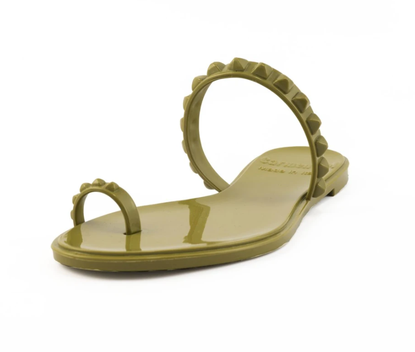 Olive green Carmen Sol jelly shoes for women with studs on sale
