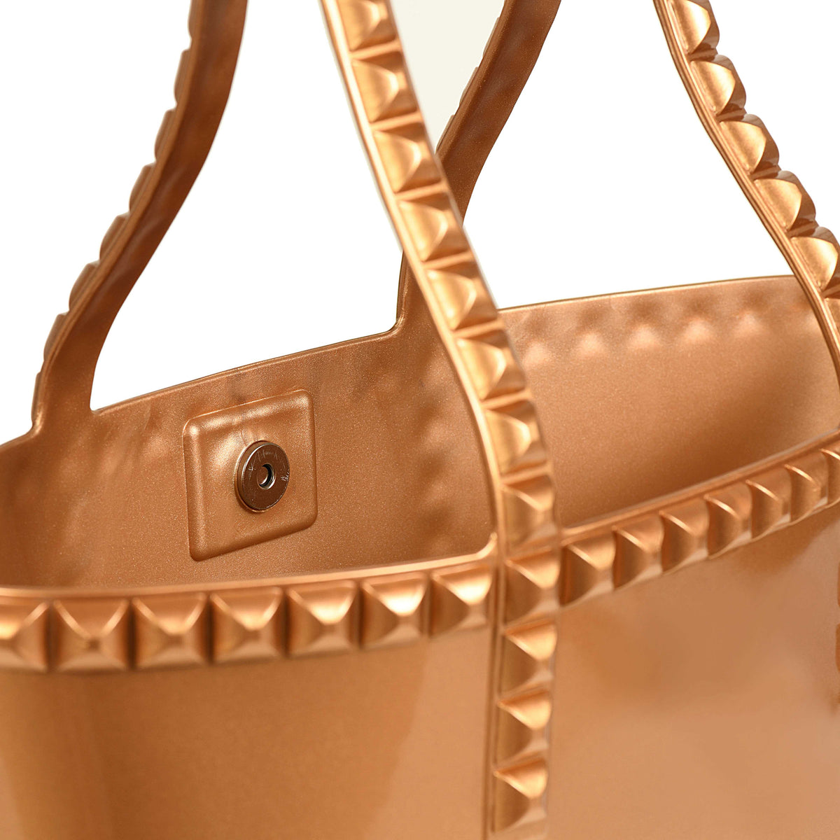Inner view of Carmen Sol jumbo studded purse in color rose gold