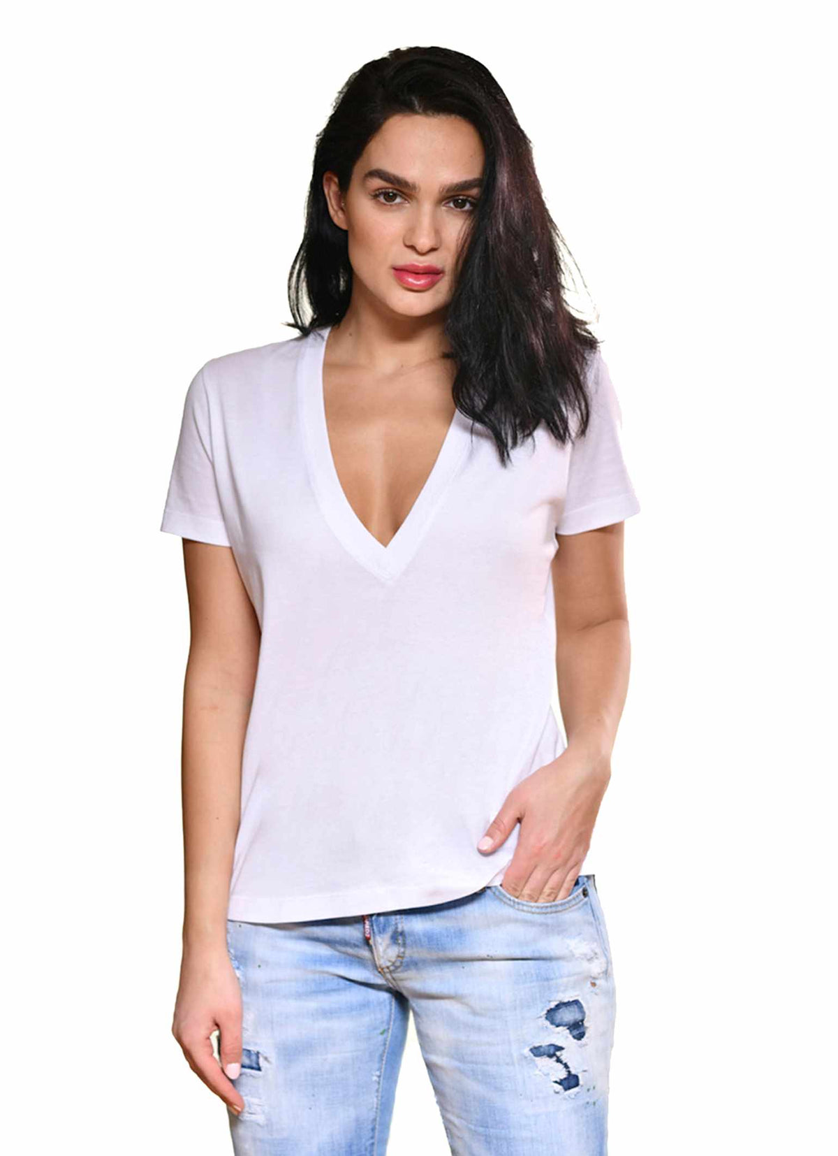 womens v neck tees with short sleeve in color white